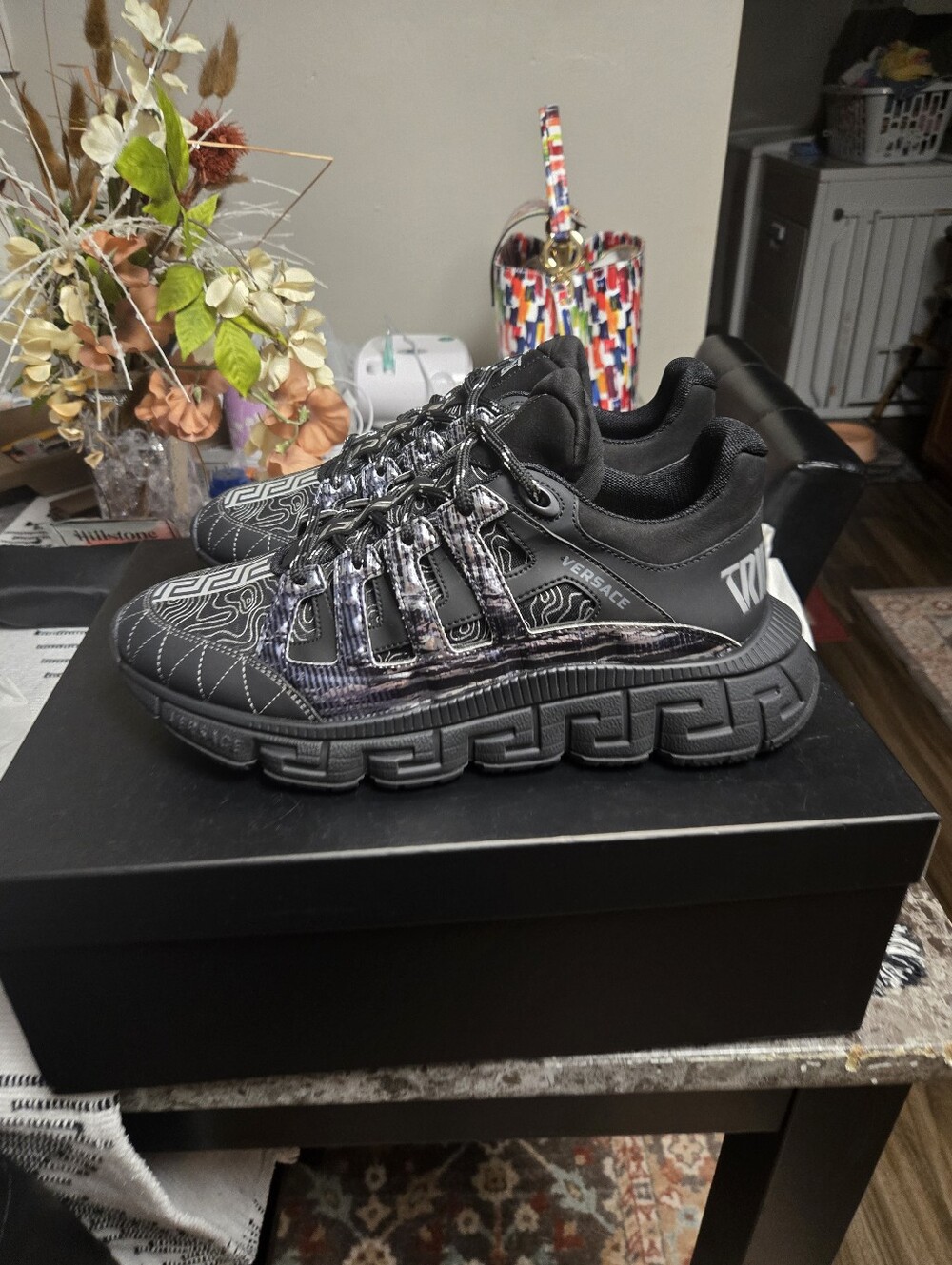Versace Black and Silver Men's Graphic-Trim Sneaker